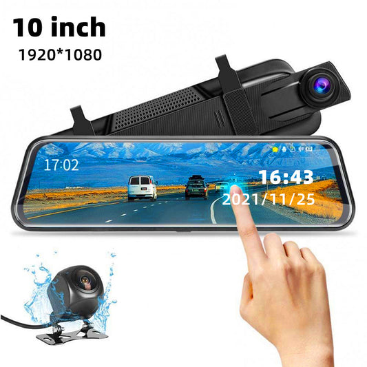 Dual Camera Mirror Dash Cam — Front & Rear Recording, 10" Touch Screen