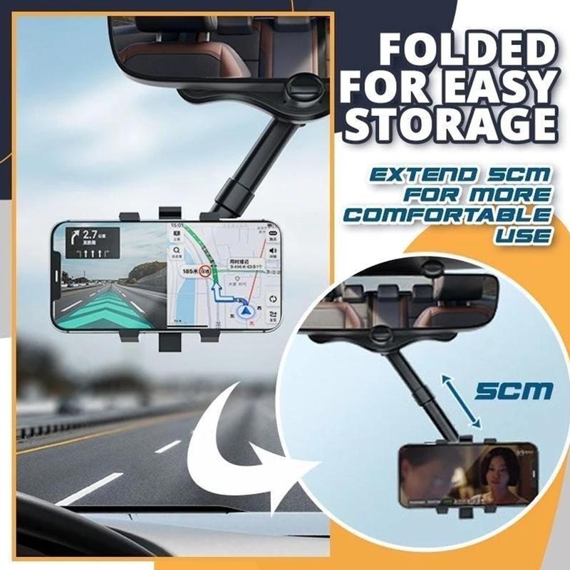 Car Rearview Mirror Phone Holder — 360° Rotatable, Retractable, Universal