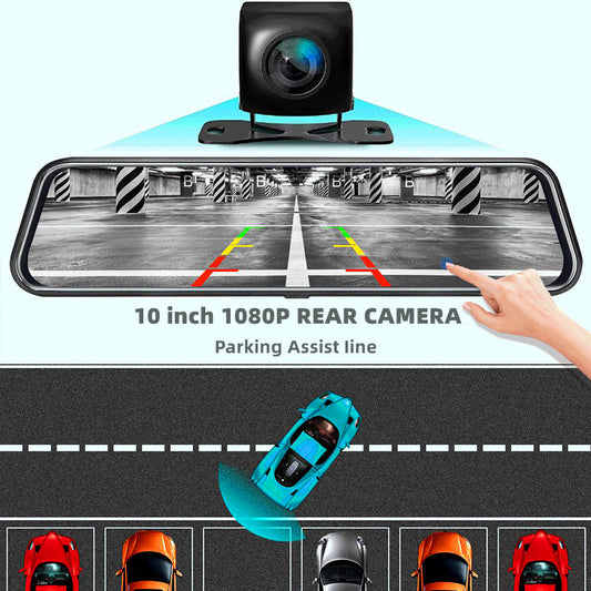 Dual Camera Mirror Dash Cam — Front & Rear Recording, 10" Touch Screen