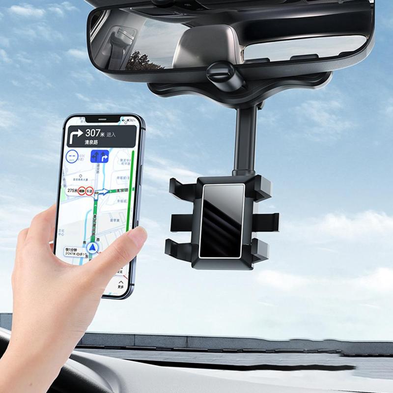 Car Rearview Mirror Phone Holder — 360° Rotatable, Retractable, Universal